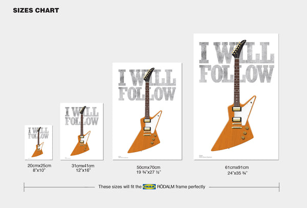The Edge's 1976 Gibson Explorer I Will Follow Typography Guitar Poster, Wall Decor, Guitar Print, Guitar Art