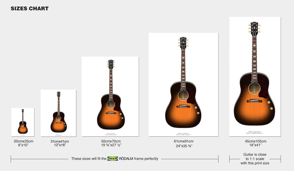 The Beatles Guitars Guitar Poster: John Lennon's Gibson J160E Sunburst, Wall Decor, Guitar Print, Guitar Art