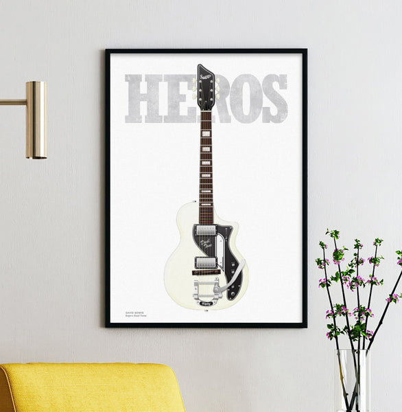 David Bowie's Supro Dual Tone Heros Typography Guitar Poster, Wall Decor, Guitar Print, Guitar Art
