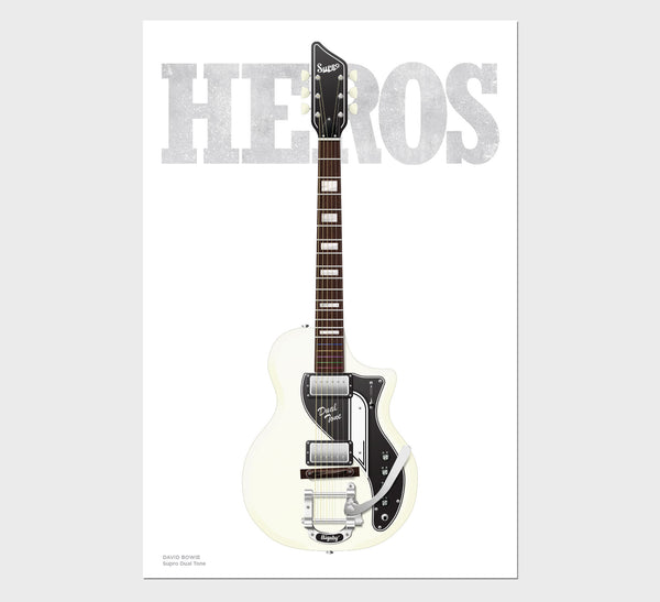 David Bowie's Supro Dual Tone Heros Typography Guitar Poster, Wall Decor, Guitar Print, Guitar Art