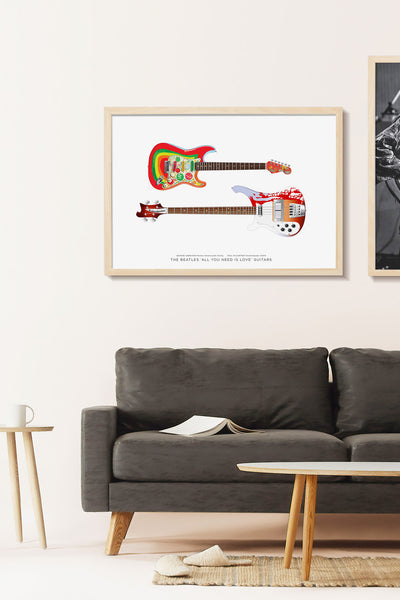 The Beatles All You Need Is Love Guitars Poster: Paul McCartney Rickenbacker 4001S, George Harrison Fender Strat Rocky Guitar Wall Decor