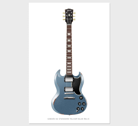 Gibson SG Relic Guitar Poster Pelham Blue. Personalized Gifts, Wall Decor, Guitar Print, Guitar Art