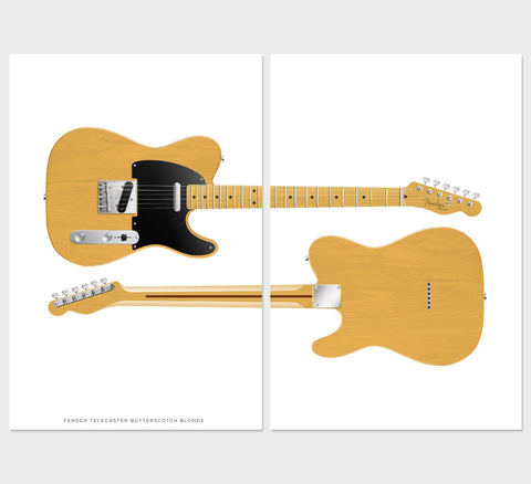 Fender Telecaster Blonde Fornt & Back Guitar Poster Art Print (set of 2), Wall Decor, Guitar Print, Guitar Art