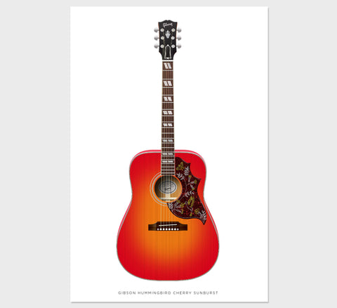 Gibson Hummingbird Guitar Poster Cherry Sunburst. Personalized Gifts, Wall Decor, Guitar Print, Guitar Art