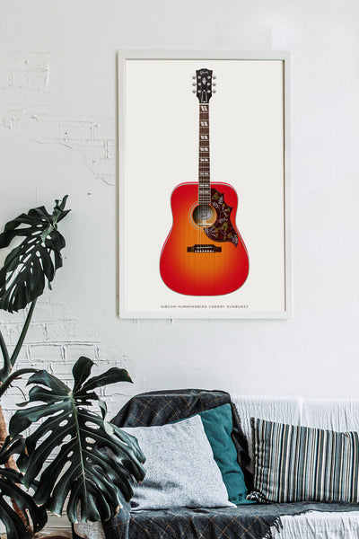 Gibson Hummingbird Guitar Poster Cherry Sunburst. Personalized Gifts, Wall Decor, Guitar Print, Guitar Art