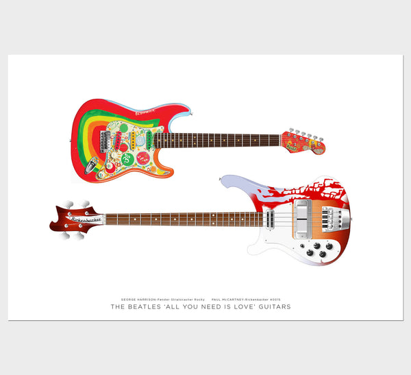 The Beatles All You Need Is Love Guitars Poster: Paul McCartney Rickenbacker 4001S, George Harrison Fender Strat Rocky Guitar Wall Decor