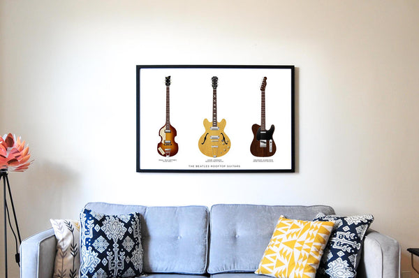 The Beatles Rooftop Guitars Poster: Paul McCartney Hofner 500-1, John Lennon Epiphone Casino, George Harrison Fender Telecaster Guitar Print