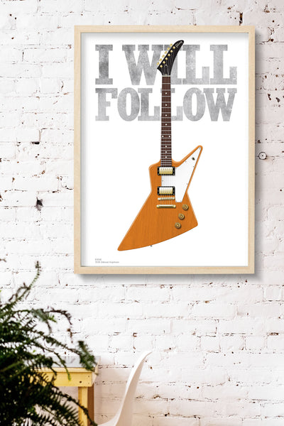 The Edge's 1976 Gibson Explorer I Will Follow Typography Guitar Poster, Wall Decor, Guitar Print, Guitar Art