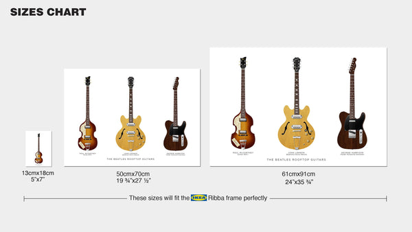 The Beatles Rooftop Guitars Poster: Paul McCartney Hofner 500-1, John Lennon Epiphone Casino, George Harrison Fender Telecaster Guitar Print