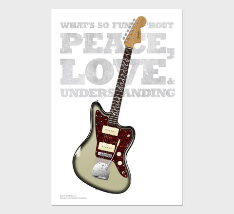Elvis Costello's Greyburst Jazzmaster Typography Guitar Poster, Wall Decor, Guitar Print, Guitar Art
