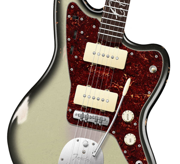 Elvis Costello's Greyburst Jazzmaster Typography Guitar Poster, Wall Decor, Guitar Print, Guitar Art