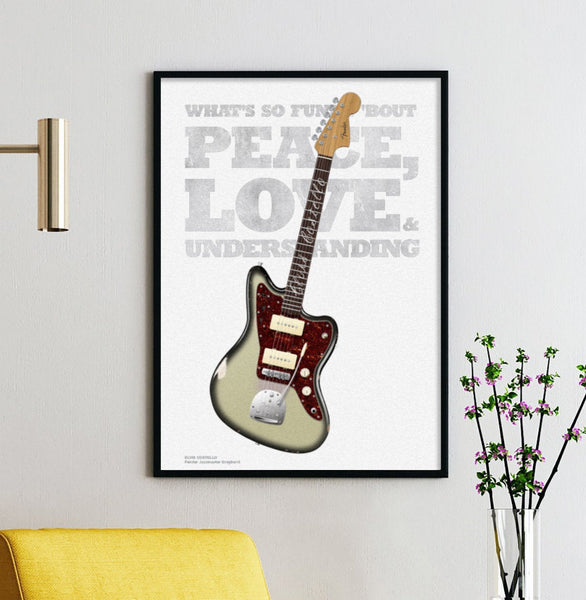 Elvis Costello's Greyburst Jazzmaster Typography Guitar Poster, Wall Decor, Guitar Print, Guitar Art