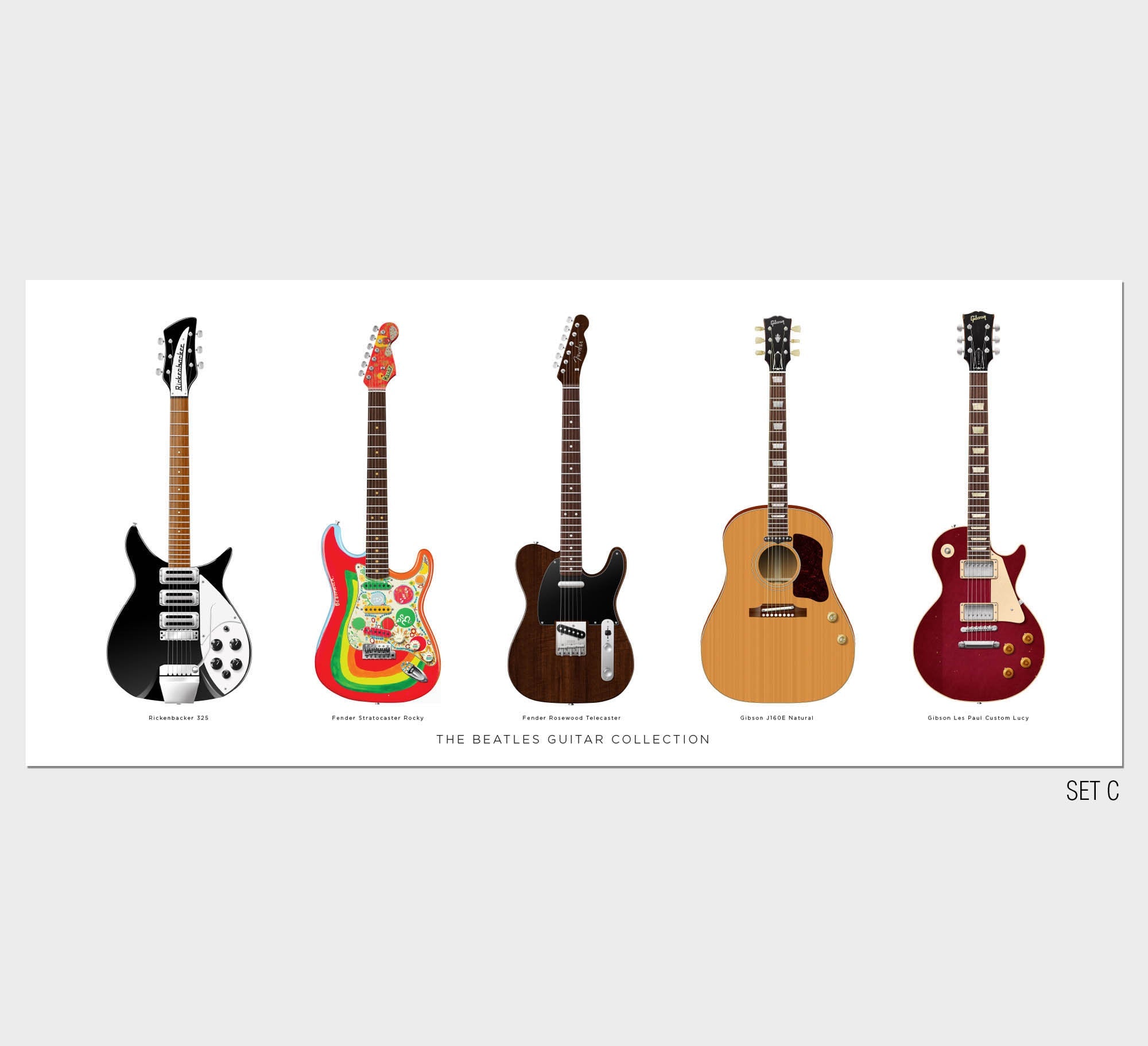 The Beatles Guitar Collection Poster Wall Decor Guitar Print Guitar Blue Illustration