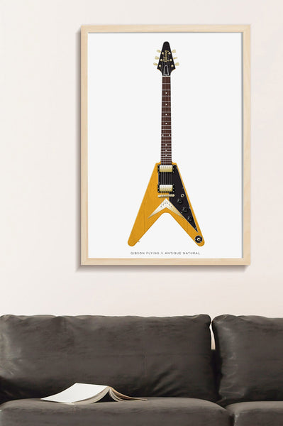 Gibson Flying V Antique Natural Guitar Poster Art Print. Personalized Gifts, Wall Decor, Guitar Print, Guitar Art