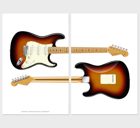 Fender Stratocaster Guitar Poster  Sunburst Front & Back (set of 2), Wall Decor, Guitar Print, Guitar Art