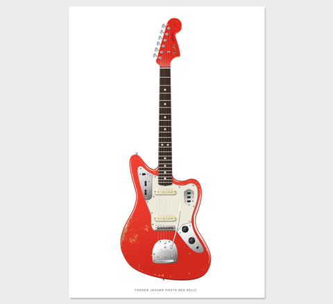 Fender Jaguar Guitar Poster Relic Fiesta Red. Personalized Gifts, Wall Decor, Guitar Print, Guitar Art