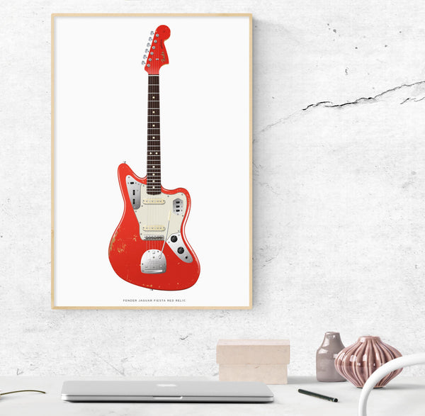 Fender Jaguar Guitar Poster Relic Fiesta Red. Personalized Gifts, Wall Decor, Guitar Print, Guitar Art
